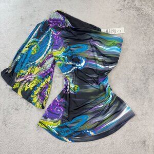 NEW Vintage Cache Ruched One-Shoulder Top Paisley Statement Blouse Y2K Stretch